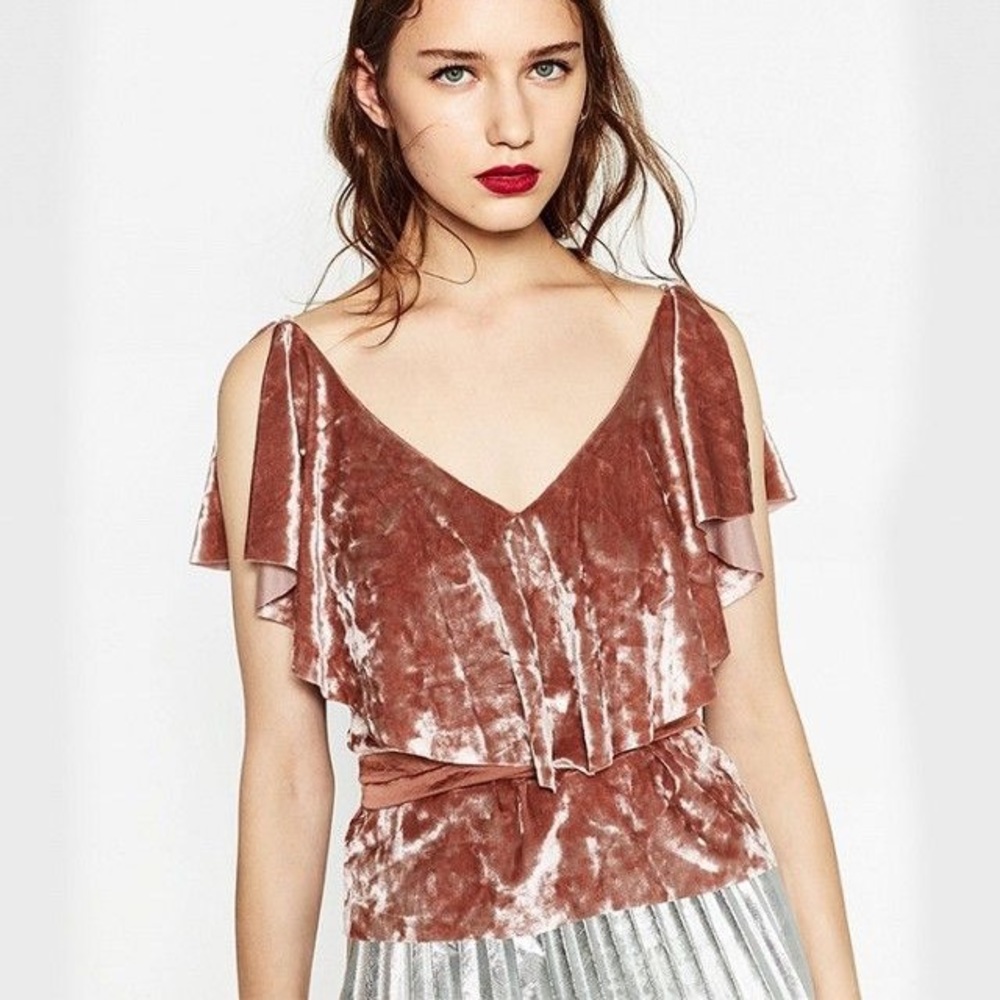 Zara Off the Shoulder Velvet Ruffle Top